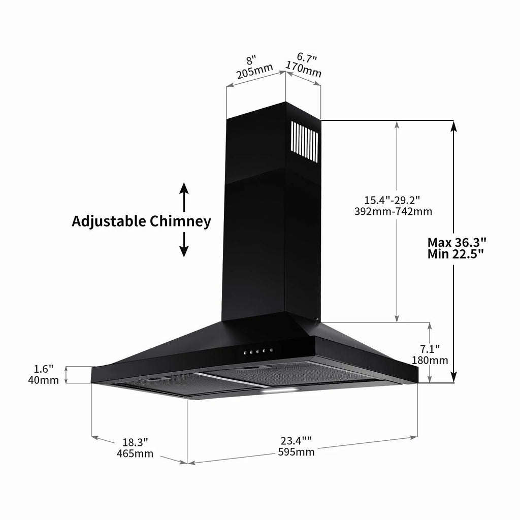 24 inch Wall Mounted Range Hood Kitchen Exhaust Stove Vent Hood 450 CFM 3-Speed Fan