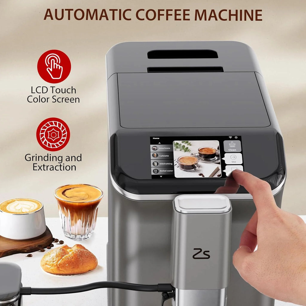 Espresso Machine,Fully Automatic Espresso Machine with Automatic Milk Frother,7 Coffee Varieties,20-Bar,Built-in Grinder,Intuitive Touch Display,1.5-L Water Tank