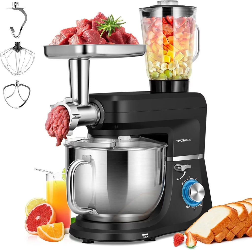 SPECSTAR 6 in 1 Multifunctional Stand Mixer with 8.5 Quart Stainless Steel Bowl, 660W 10 Speed Tilt-Head, Silver