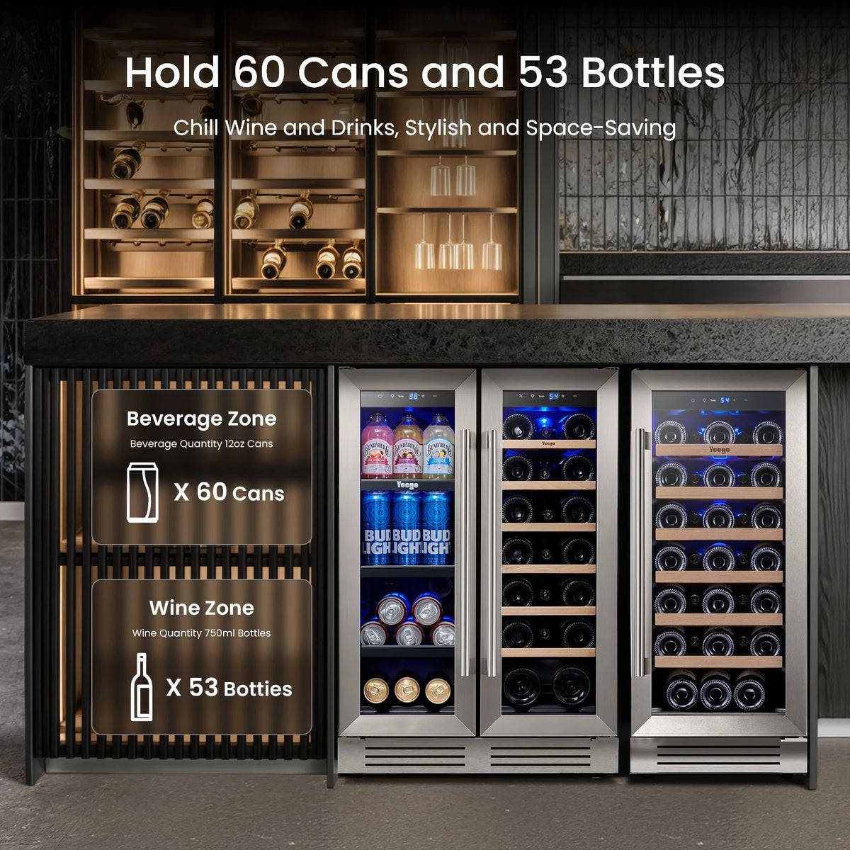 Yeego 30" Wine and Beverage Refrigerator,Two 15" Wine and Beverage Cooler Under Counter or Freestanding, Hold 33 Bottles and 80 Cans(Two Pack)