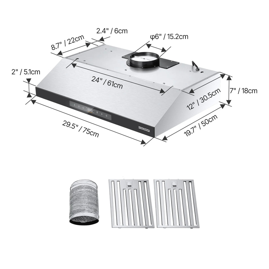 KFFKFF 30 Inch Under Cabinet Range Hood, Kitchen Exhaust System, 900CFM Dual Engine Stainless Steel Cooker Hood, Equipped with Gesture and Touch Interface, LED Illumination