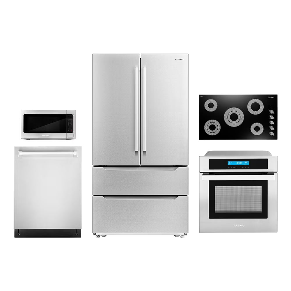 Cosmo 5 Piece Kitchen Appliance Package With 36" Electric Cooktop 24" Single Electric Wall Oven 17.3" Countertop Microwave French Door Refrigerator & 24" Built-in Fully Integrated Dishwasher
