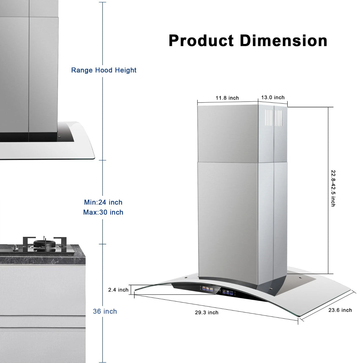 30 inch Range Hood 700 CFM Island Mount Range Hood Ceiling Mount Kitchen Vent Hood Touch Control Gesture Sensing