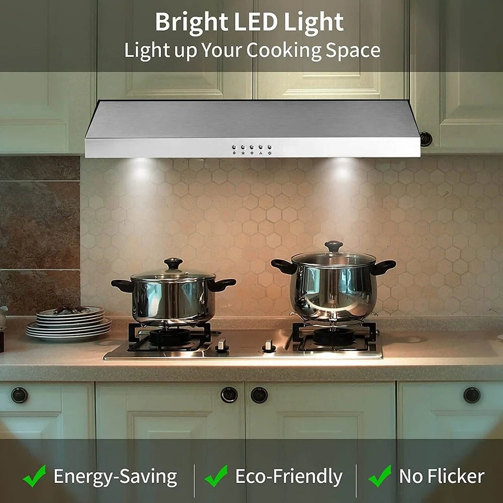 Stainless Steel Range Hood 30 inch Under Cabinet Range Hood 500 CFM with 3 Way Venting Vent Hood