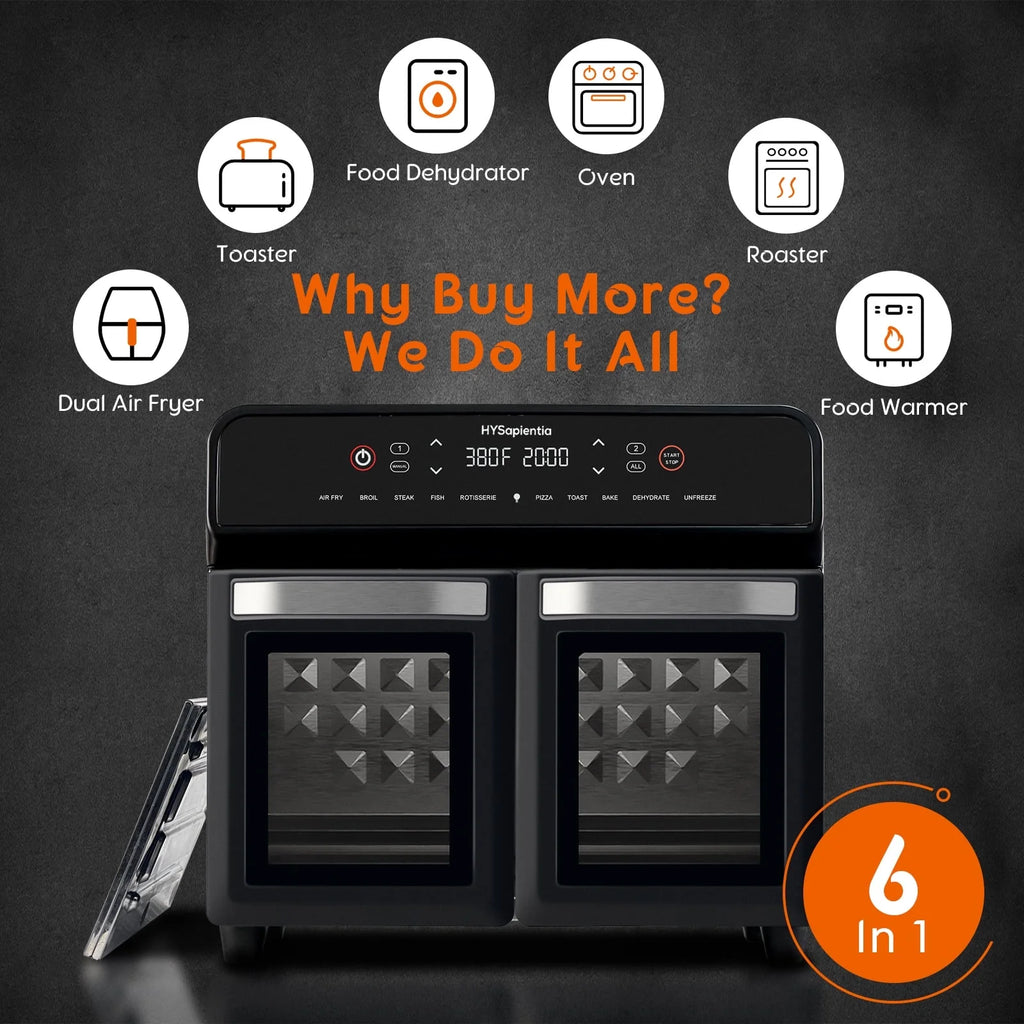 HYSapientia 24QT Dual Zone Air Fryer Oven with Rotisserie,10-in-1 Internal stainless steel Convection Countertop Oven 1800W Air Fryer  Toaster Oven for Family Cooking