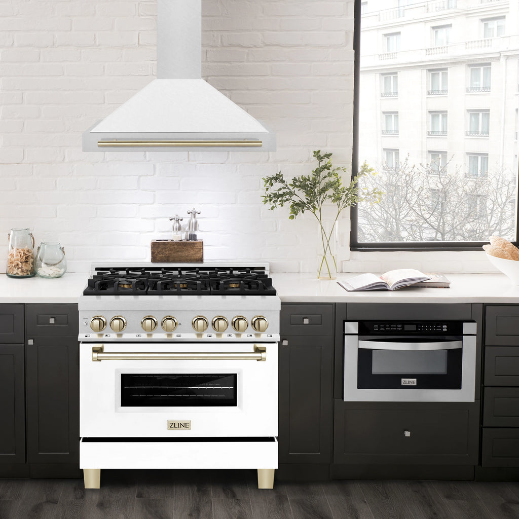 ZLINE 36" Autograph Edition DuraSnow Stainless Steel Range Hood with White Matte Shell and Gold Handle