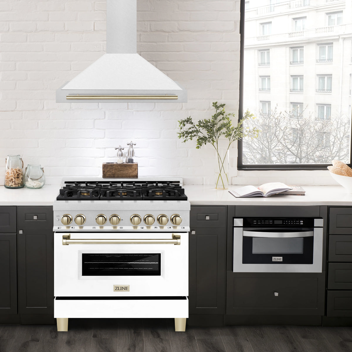 ZLINE 36" Autograph Edition DuraSnow Stainless Steel Range Hood with White Matte Shell and Gold Handle