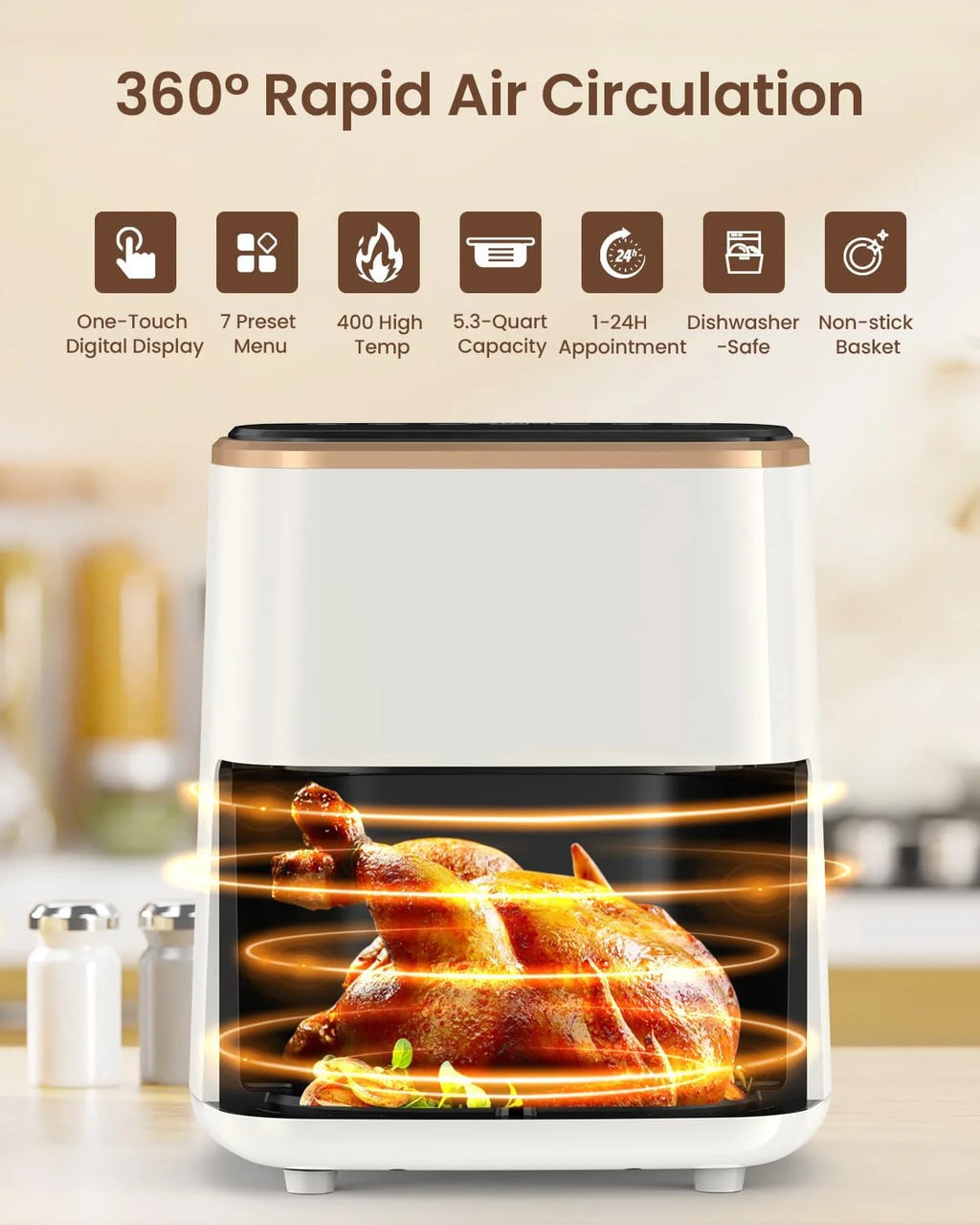Segmart Air Fryers Oven, 5.3Qt Air Fryer with Viewing Window, 7 Presets, Digital Touchscreen, Dishwasher-Safe Basket, 1350W, Cream White