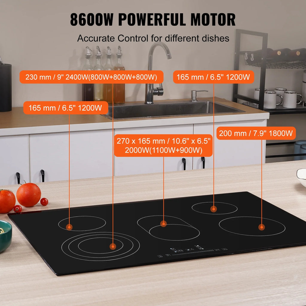 KFFKFF 8600W Electric Ceramic Cooktop, 30" 5 Burners Built-in Countertop Burners Cooker Touch Control, Overheat Protection, Child Lock, 9 Power Levels, 220-240V (NO Plug)
