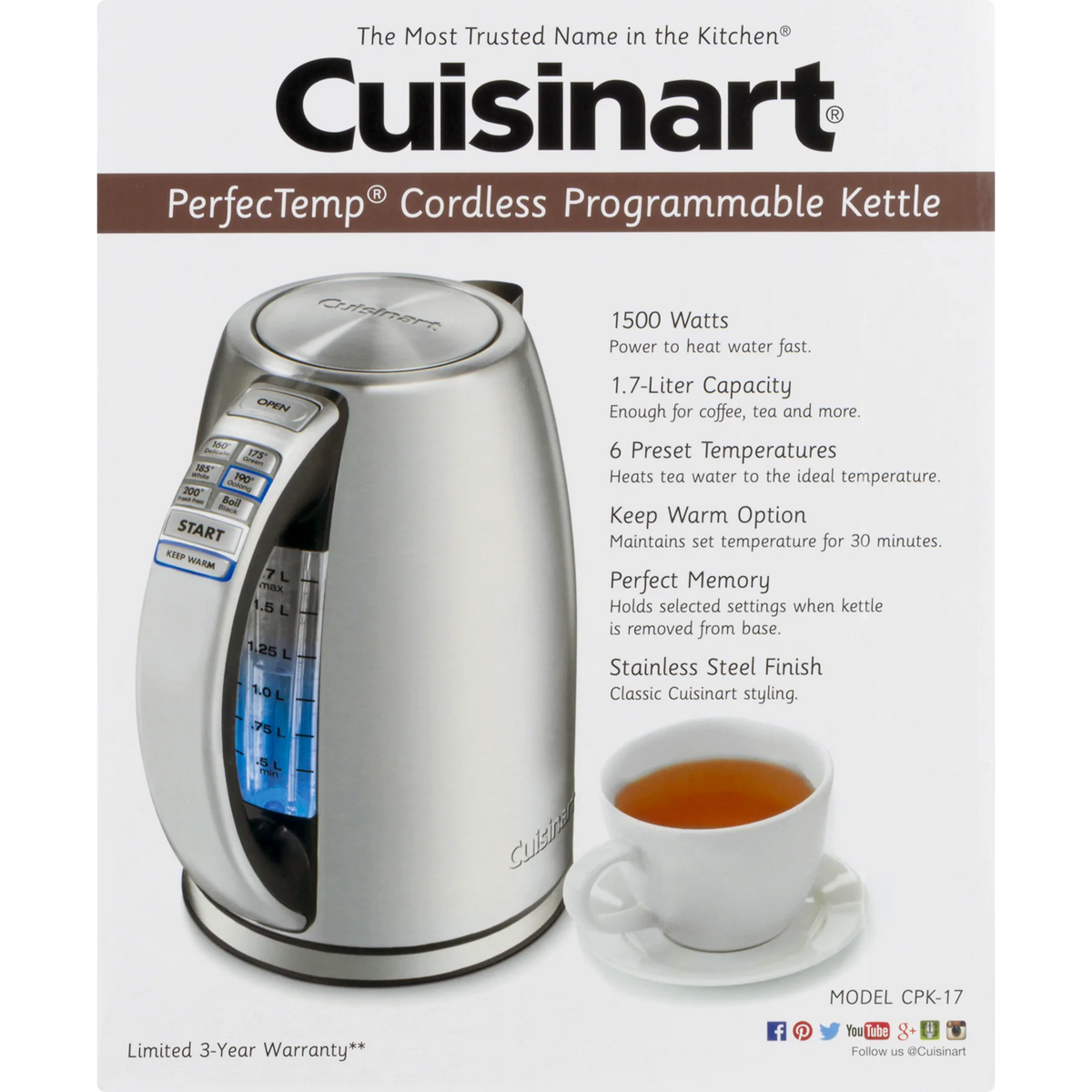 Cuisinart PerfectTemp Cordless Electric Kettle Brushed Stainless Steel (CPK-17) with 1 YR CPS Enhanced Protection Pack