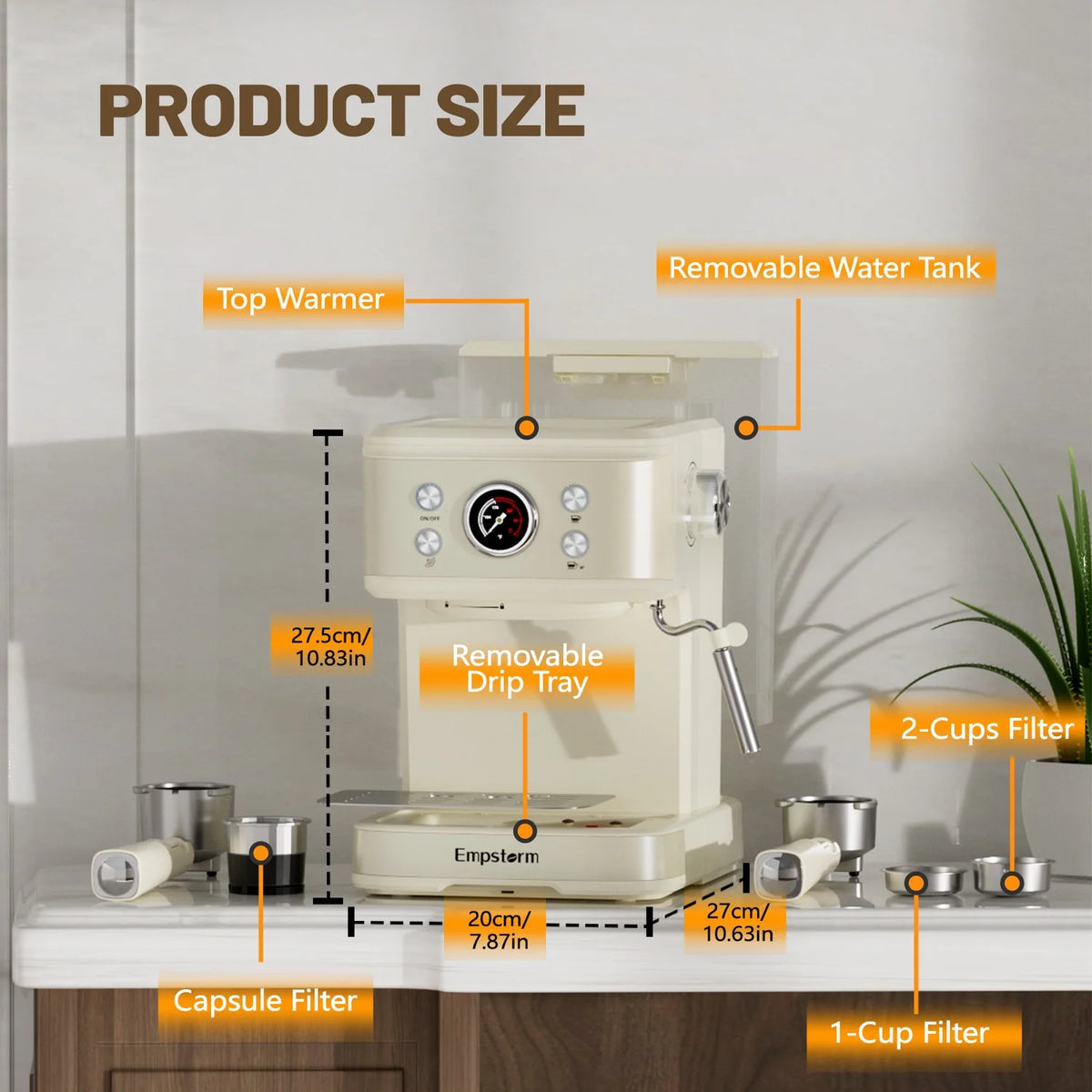 Empstorm 20 Bar Espresso Machine with Milk Frother Steam Wand, 3-in-1 Coffee Maker, Compatible with NS Pods, Stainless Steel, for Latte & Cappuccino, Beige