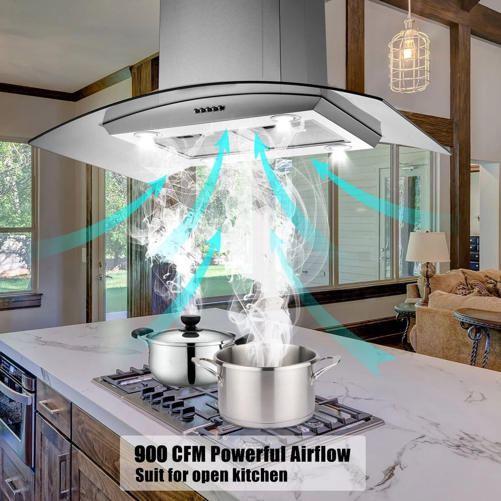 "Joeaonz 30"" Island Mount Range Hood, Stainless Steel, LED Bulbs, Easy-Clean Filters, 120V"