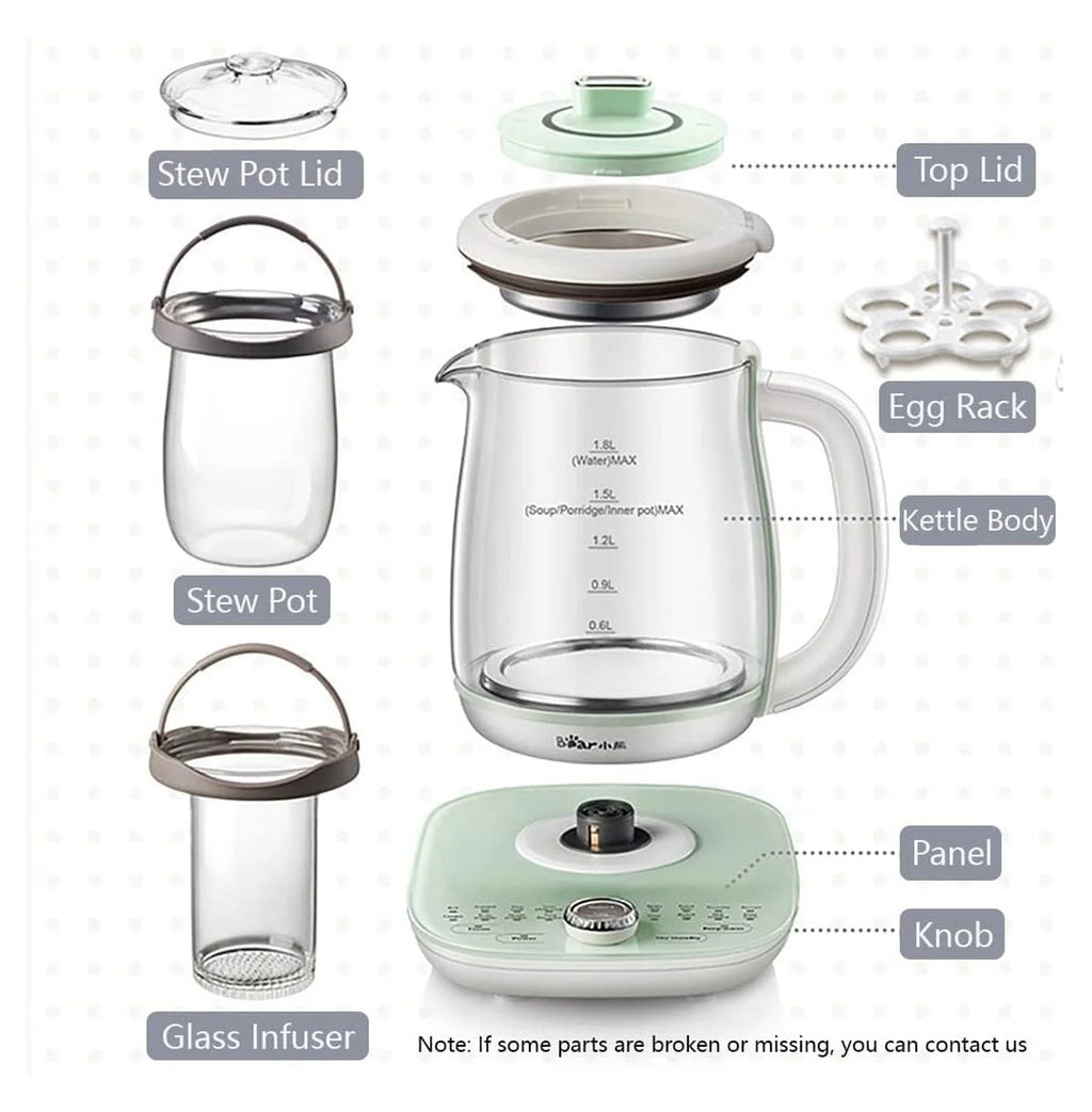 Bear Electric Kettle with Infuser & Stew Pot - 1.8L Health Pot, 16 Menus, Glass Kettle, Tea Maker, 120V, Green
