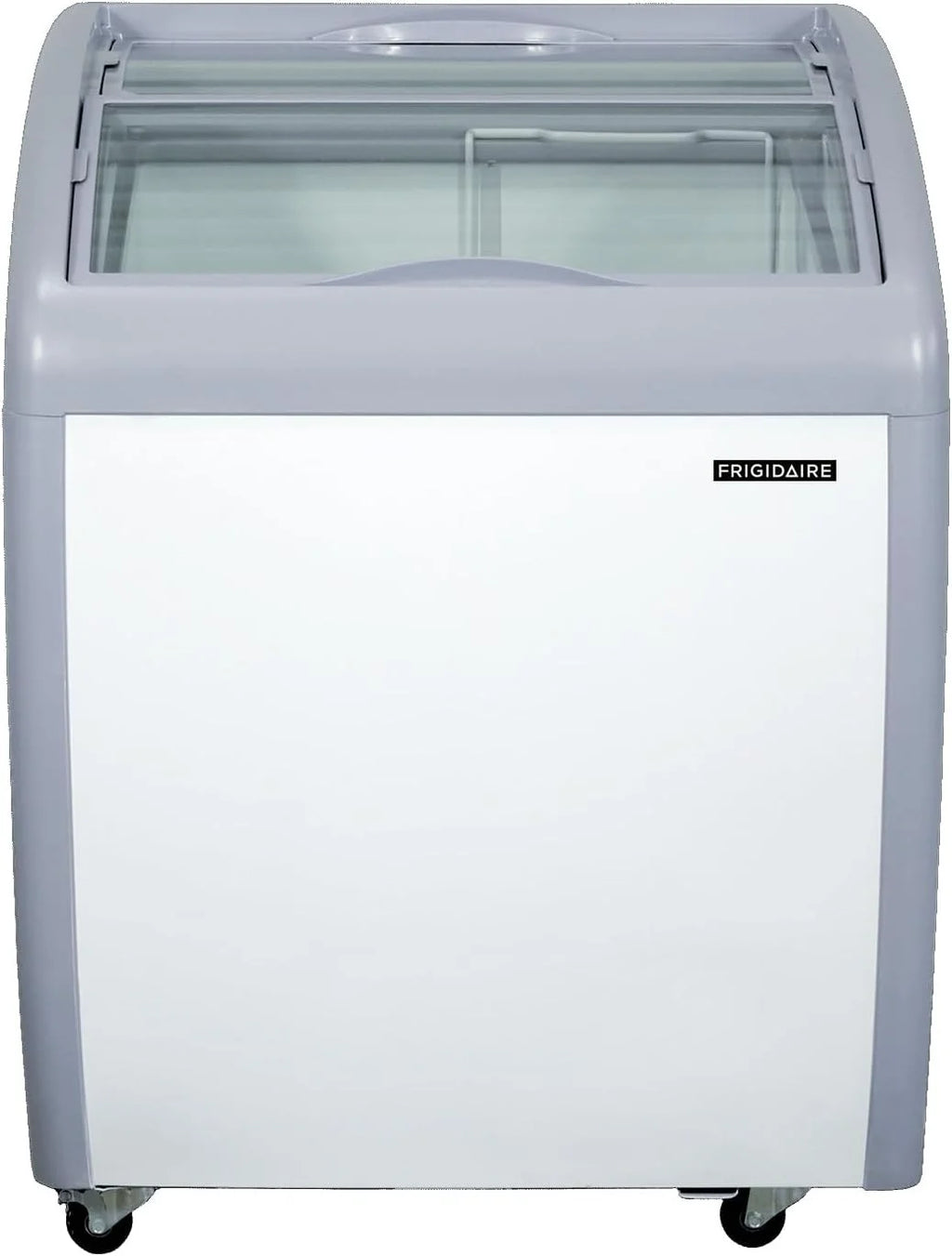 Frigidaire Commercial Chest Freezer for Ice Cream and Frozen Foods, Glass Top Display Storage Case, 4 Cu. Ft. Bin, Rolling Caster Wheels, Adjustable Temperature, Energy Efficient Cooling