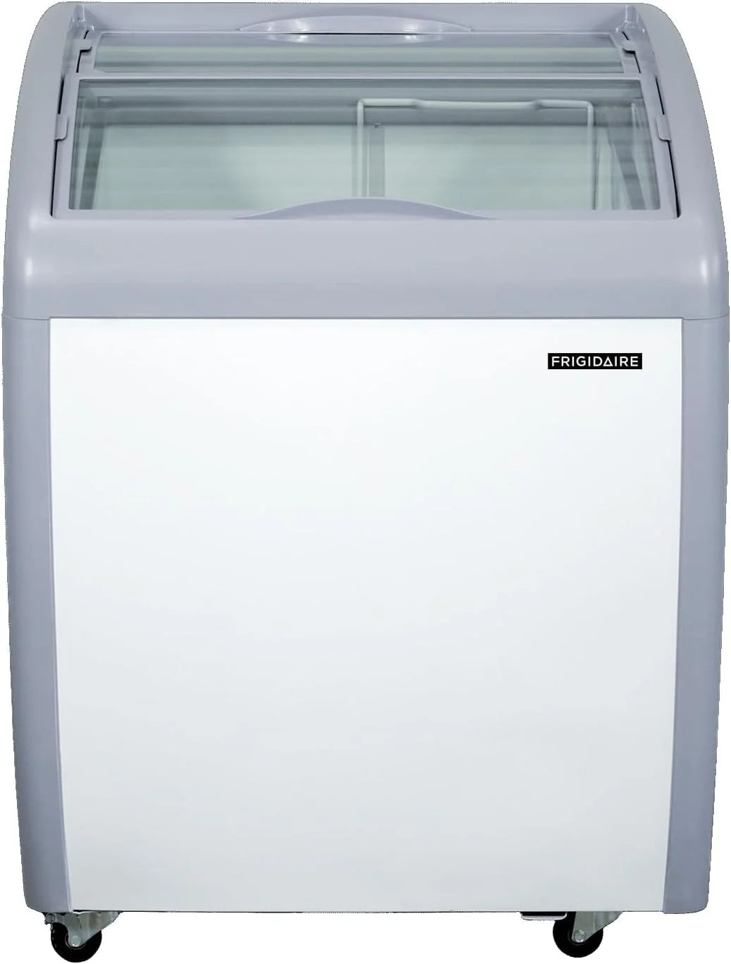 Frigidaire Commercial Chest Freezer for Ice Cream and Frozen Foods, Glass Top Display Storage Case, 4 Cu. Ft. Bin, Rolling Caster Wheels, Adjustable Temperature, Energy Efficient Cooling