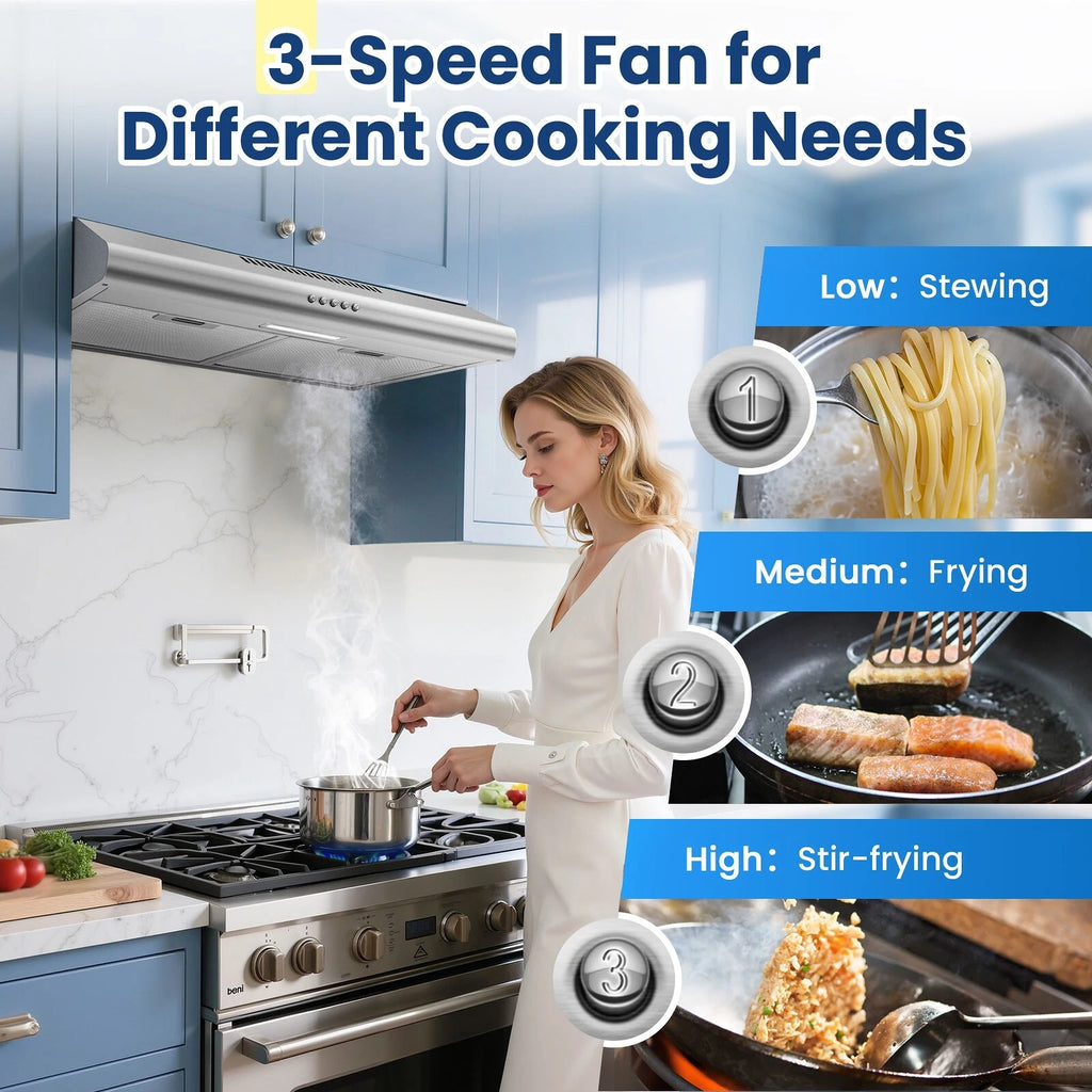 24 inch Under Cabinet Range Hood Stainless Steel 280 CFM Kitchen Top Vent Cooking Hood Fan w/ LED light Carbon Filter
