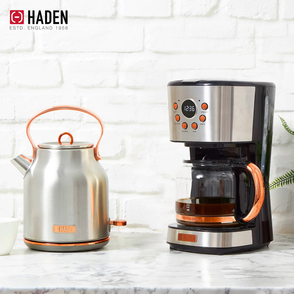 Haden Coffee Maker & Heritage 1.7 Liter Electric Kettle, Black & Chrome