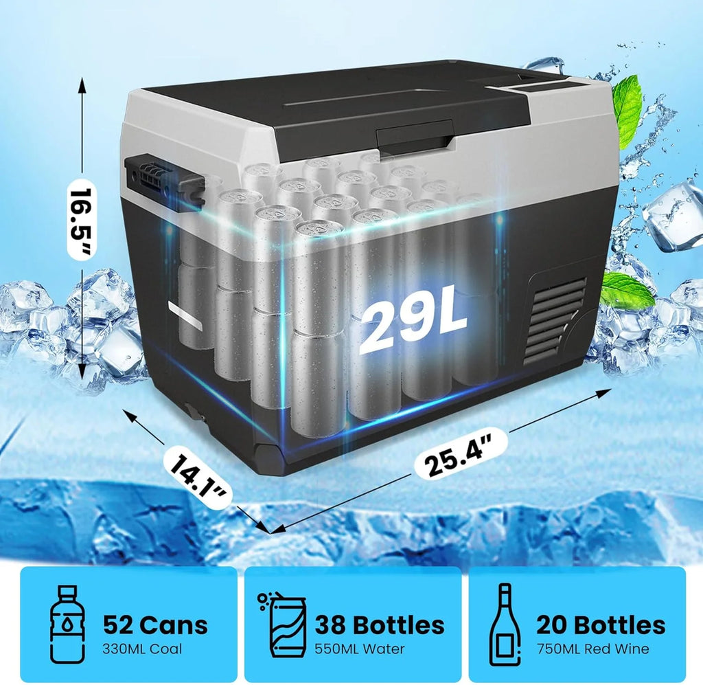 Pinypikaka 12V Car Fridge Freezer, 30.6-Quart Portable Electric Cooler with Wheels & Touch Control, -4�H to 68�H Adjustable Range, Dual-Zone Mobile Refrigerator for Vehicles, Camping, Home Use