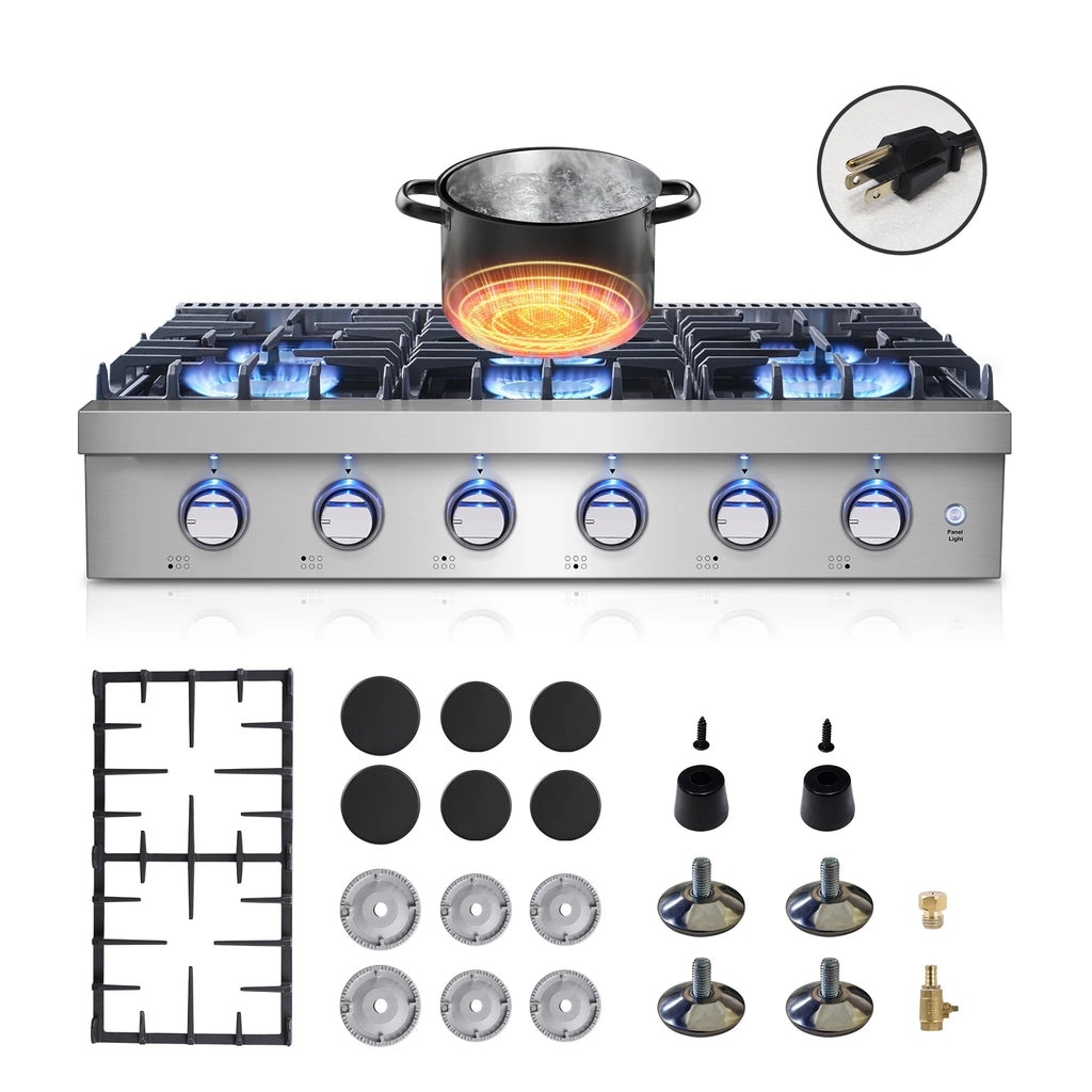 Sunmaki Gas Cooktop 36 inch Built-in Gas Stove with 6 Sealed Burner for Cooking, Gas Grilling, Propane Cooktop NG/LPG Switch