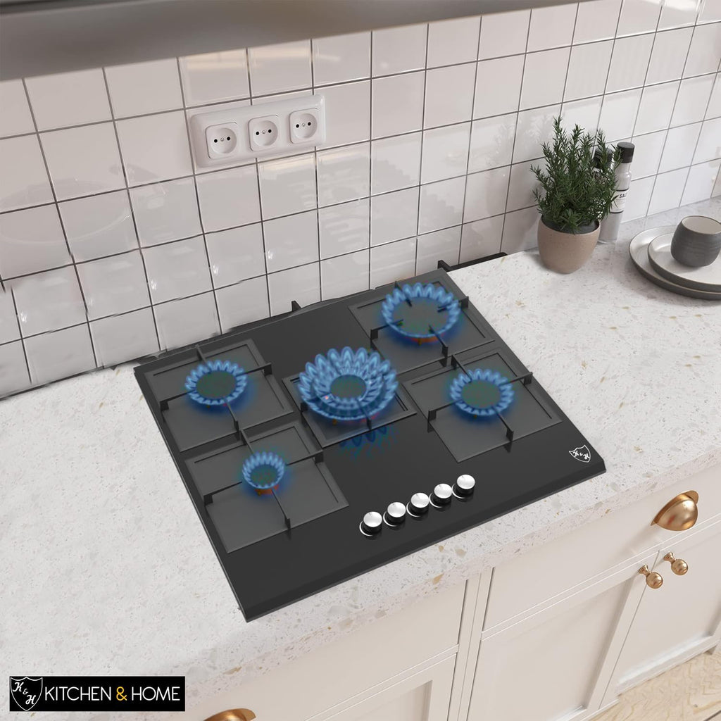 K&H 5 Burner 30 Inch Built-in LPG/Propane Gas Stove Top Glass Surface Cast Iron Cooktop UL/ETL Certified 5-GCW-LPG