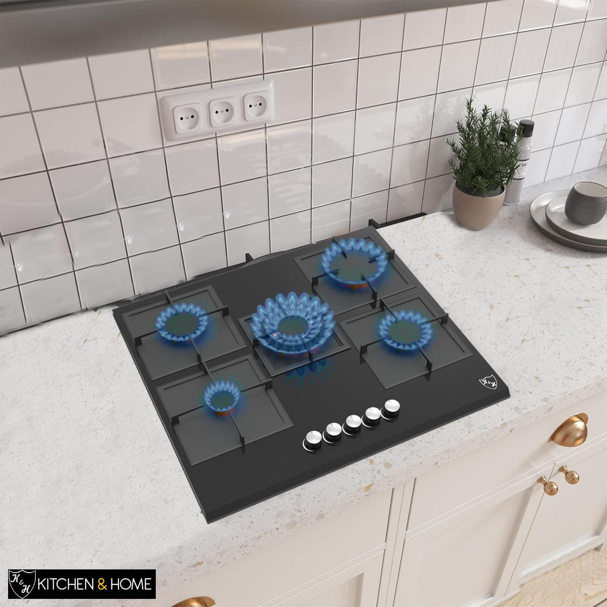 K&H 5 Burner 30 Inch Built-in LPG/Propane Gas Stove Top Glass Surface Cast Iron Cooktop UL/ETL Certified 5-GCW-LPG