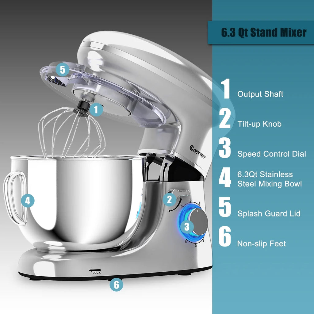 Costway 6.3 QT Tilt-Head Food Stand Mixer 6 Speed 660W wIth Dough Hook, Whisk & Beater Black
