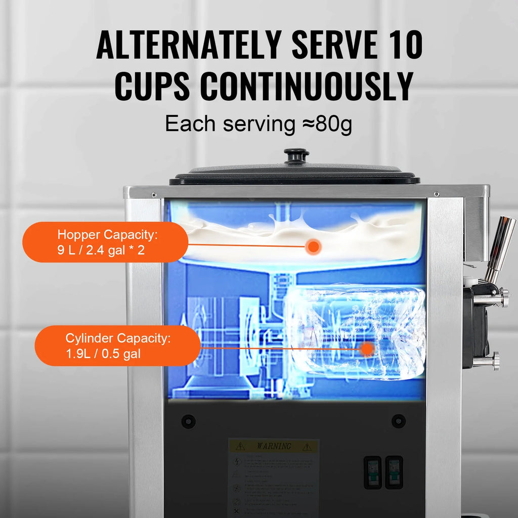 KFFKFF Soft Serve Ice Cream Machine for Commercial Use, 34-44 L/H Production, 3400W, Triple Flavor, Freestanding Design, Dual 9L Stainless Hoppers, LED Control for Single Cylinder