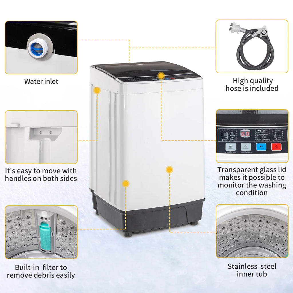 BAYUELSWU Portable Washing Machine 17.6lbs Full-Automatic Washing Machine, Apartment Washing Machine 10 programs 8 Water Level Selections with Led Display for Apartment, Home, Dorm, RV