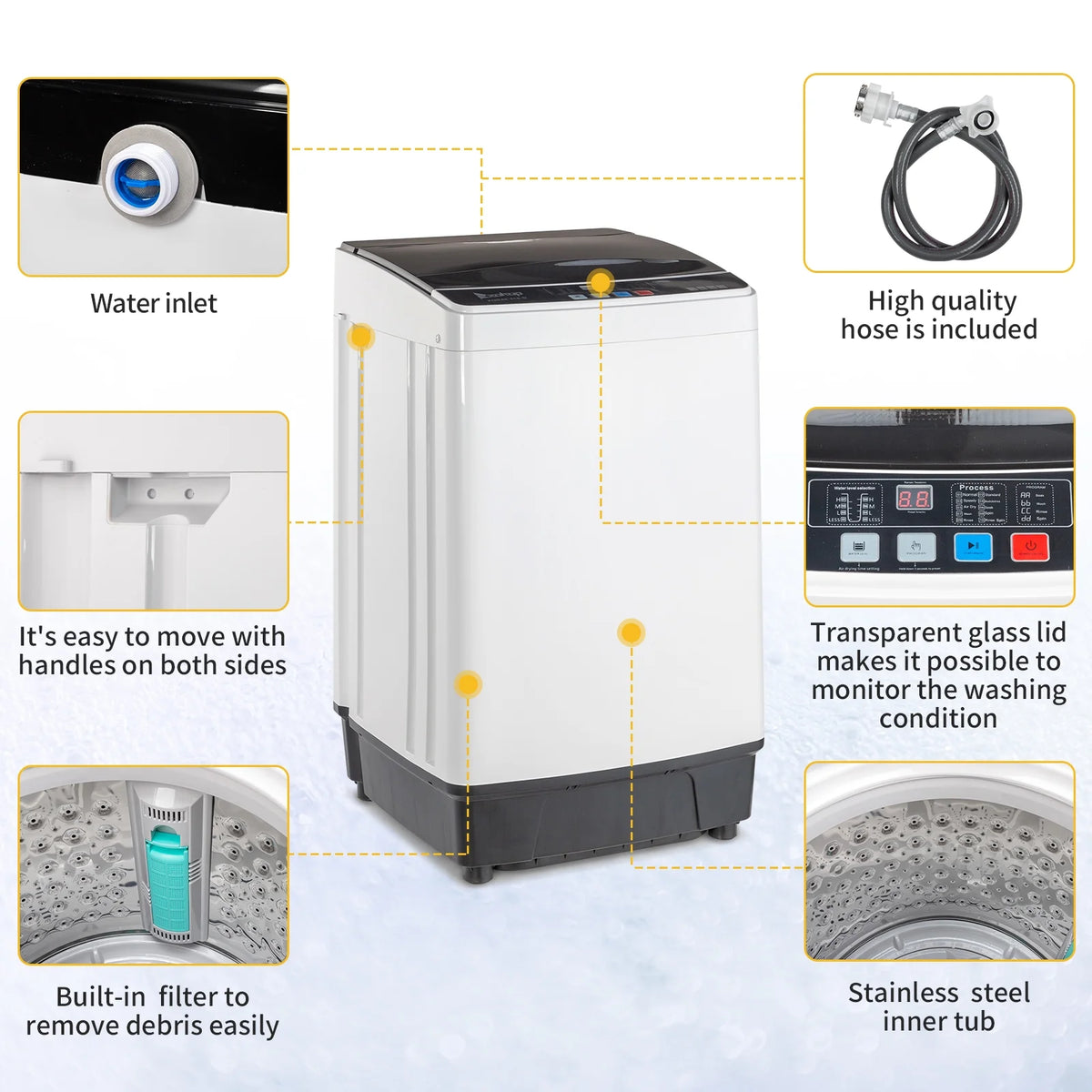 BAYUELSWU Portable Washing Machine 17.6lbs Full-Automatic Washing Machine, Apartment Washing Machine 10 programs 8 Water Level Selections with Led Display for Apartment, Home, Dorm, RV