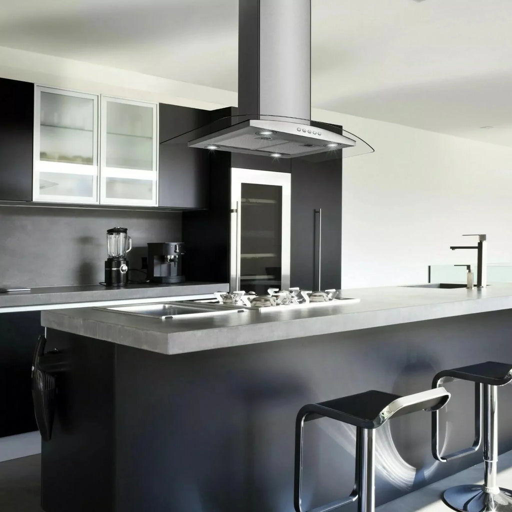 "Joeaonz 36"" Stainless Steel Island Mount Range Hood, Quiet 900CFM, 3-Speed Vent with Button Control and LED Bulb"