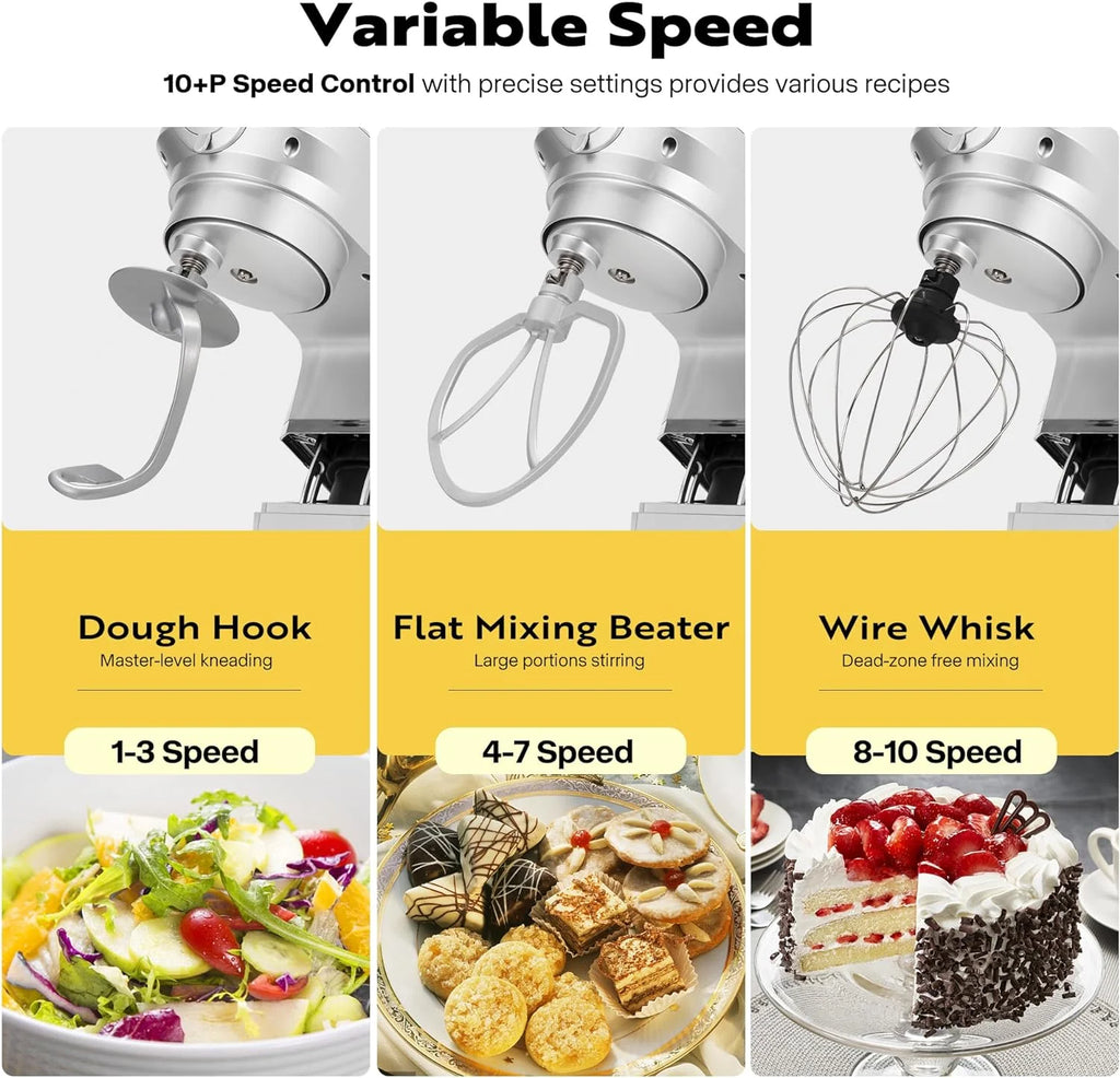 SPECSTAR 6 in 1 Multifunctional Stand Mixer with 8.5 Quart Stainless Steel Bowl, 660W 10 Speed Tilt-Head, Silver