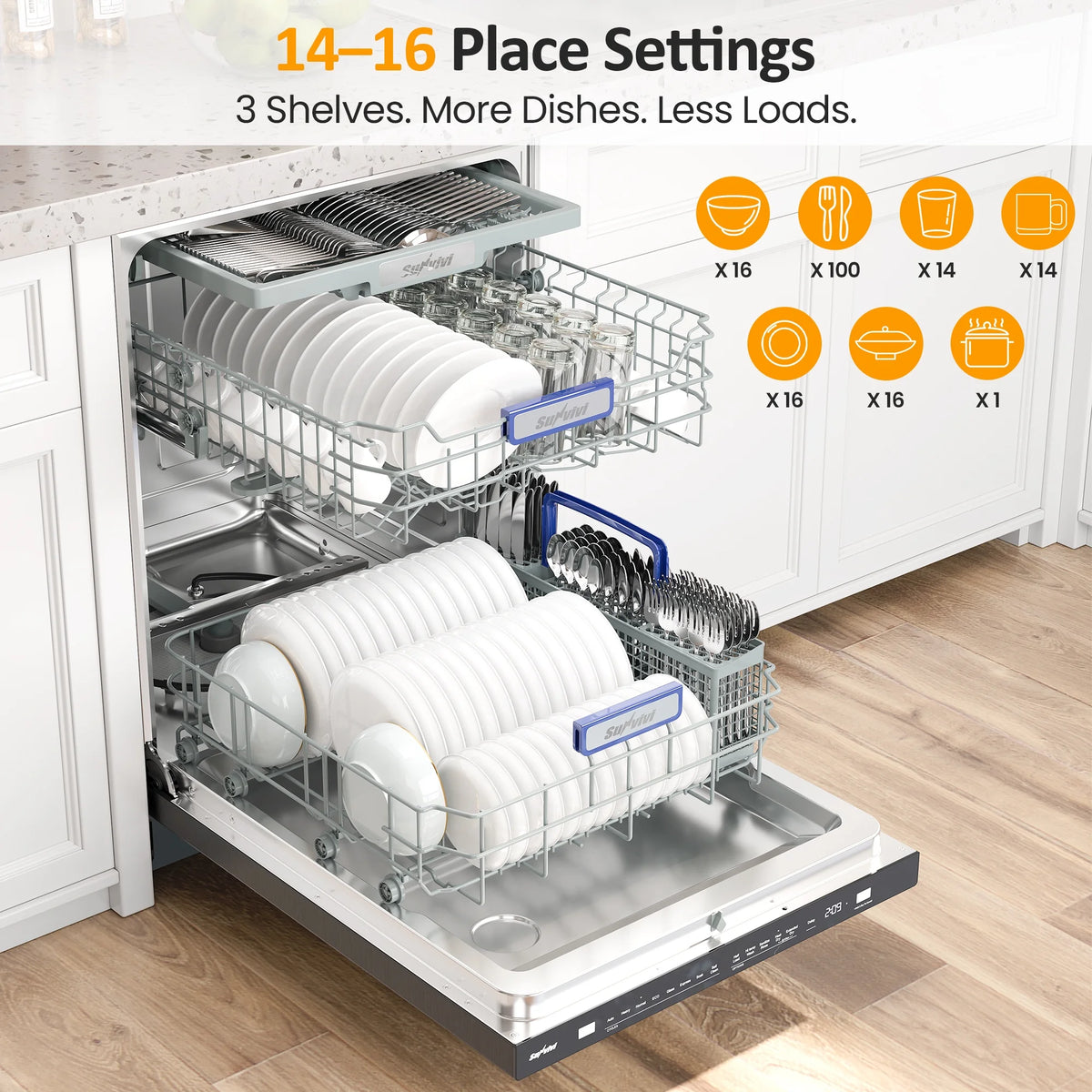 Sunvivi 24" Built-in Dishwasher, Stainless Steel Dish Washer Machine with Large 14-16 Place Settings, 8 Wash Cycles, Energy Star, Black