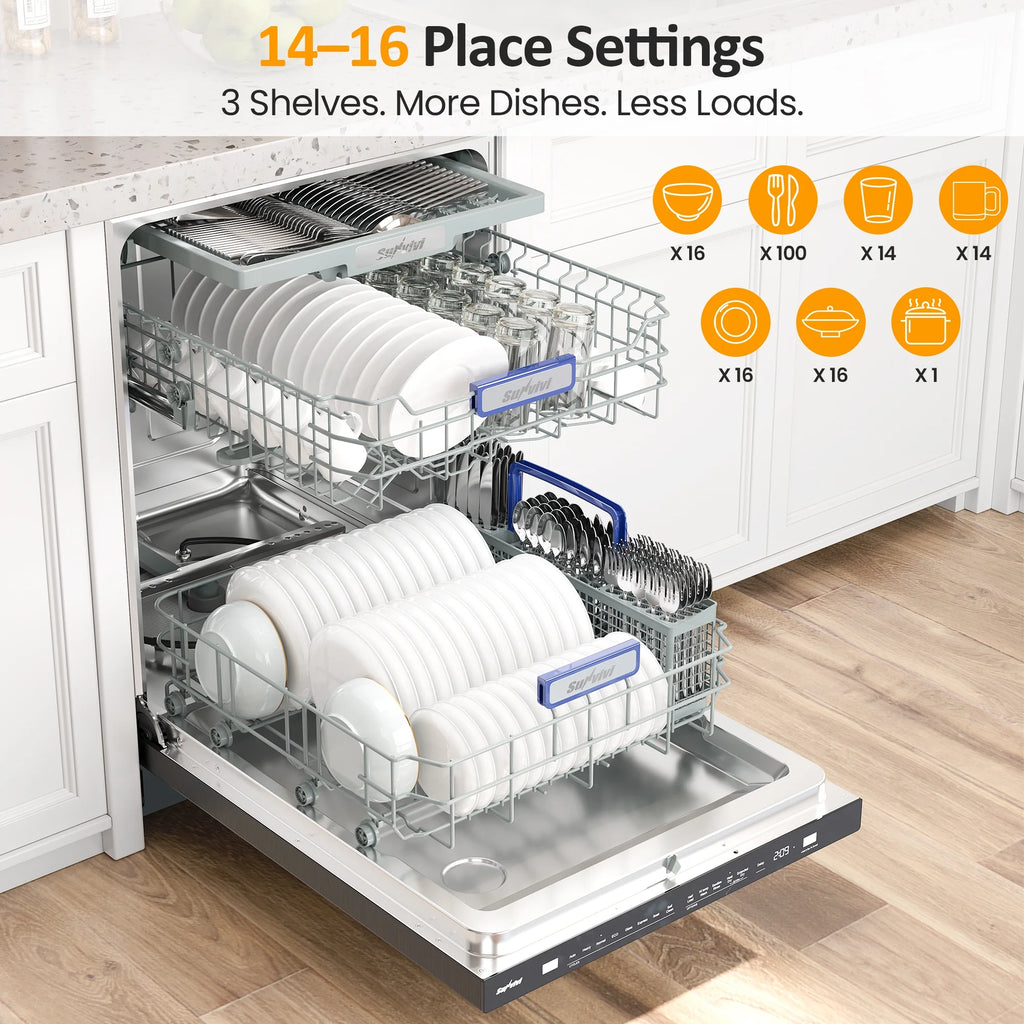 Cozy Home 24" Built-in Dishwasher, Stainless Steel Dish Washer Machine with Large 14-16 Place Settings, 8 Wash Cycles, Energy Star, Black