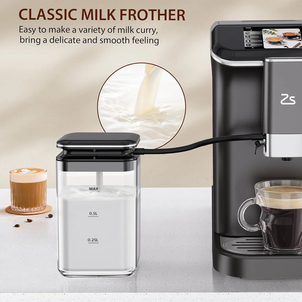 Espresso Machine,Fully Automatic Espresso Machine with Automatic Milk Frother,7 Coffee Varieties,20-Bar,Built-in Grinder,Intuitive Touch Display,1.5-L Water Tank
