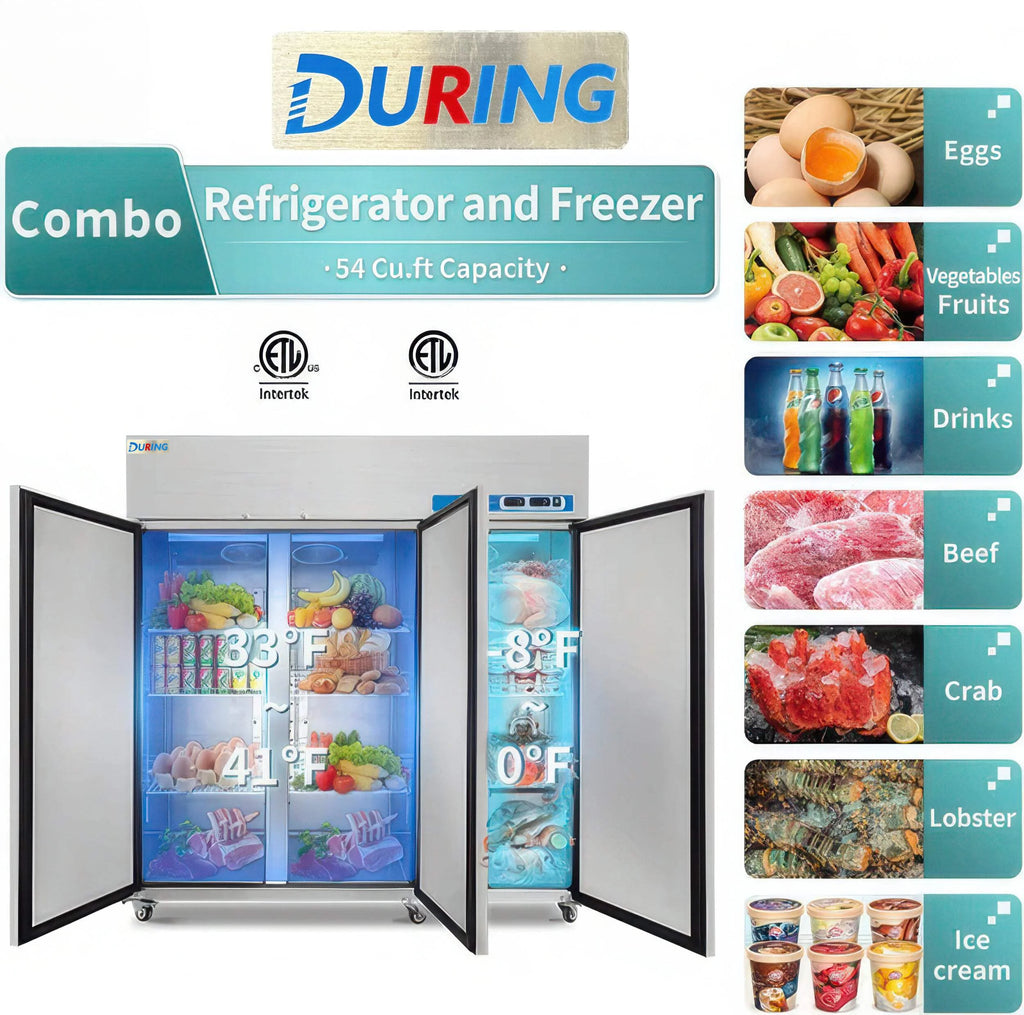 DURING 72" Commercial Refrigerator Freezer Combo, 3-Door Solid Door Reach-In, 54 Cu.ft Upright Fridge Freezer