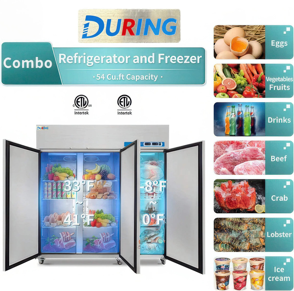 DURING 72" Commercial Refrigerator Freezer Combo, 3-Door Solid Door Reach-In, 54 Cu.ft Upright Fridge Freezer
