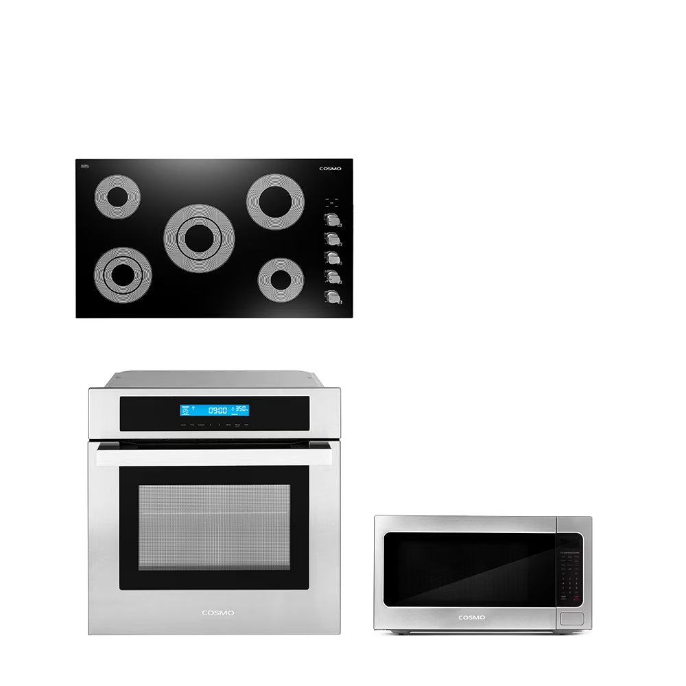 Cosmo 3 Piece Kitchen Appliance Package With 36" Electric Cooktop 24.4" Built-In Countertop Microwave 24" Single Electric Wall Oven Kitchen Appliance Bundles