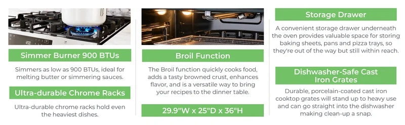 Kenmore 22-76853 5.6 cu. ft. Front-Control 5 Burner True Convection Gas Range with Oven, Large Window, Three Oven Racks, Dishwasher Safe Cast Iron Grates