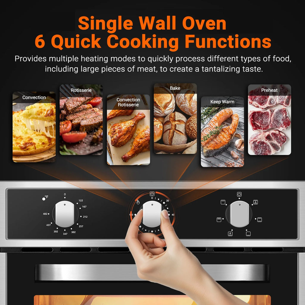 24" Single Wall Oven, Sunmaki 2.5 Cu. Ft. Built-in Electric Oven with 5 Cooking Functions, Mechanical Knobs Control