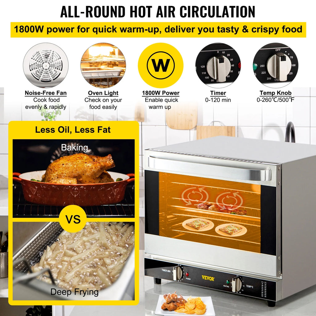 VEVOR Commercial Convection Oven,21L/19Qt,Quarter-Size Conventional Oven Countertop,1440W 3-Tier Toaster with Front Glass Door,Electric Baking Oven with Trays Wire Racks Clip Gloves