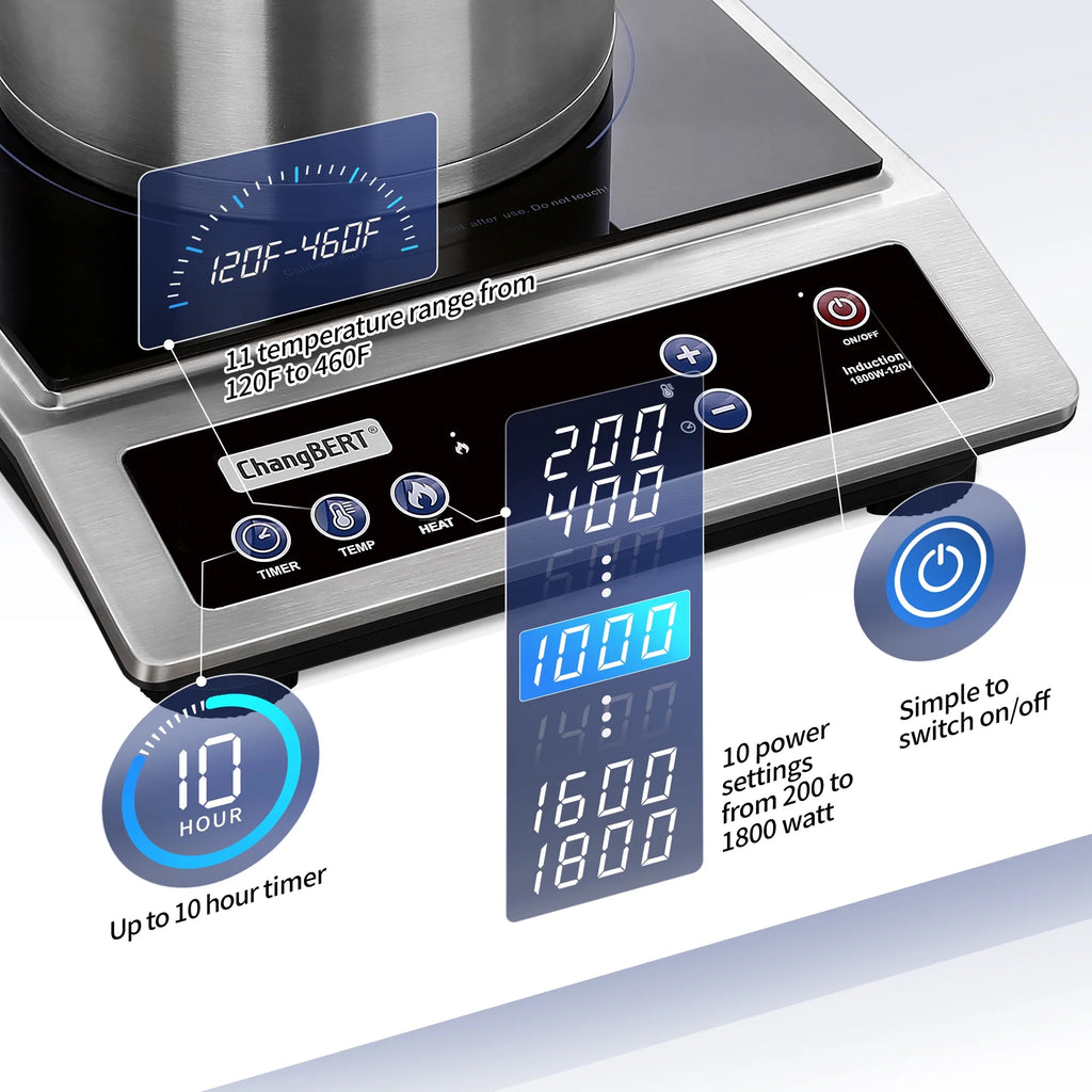 ChangBERT Induction Cooktop, Commercial Grade Portable Cooker, Large 8" Heating Coil, Premium Stainless Steel Countertop Burner 1800W, 10 Hours Timer