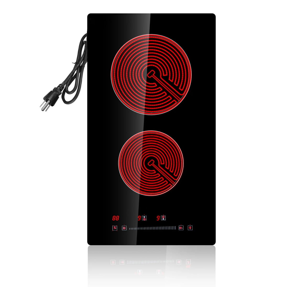 KFFKFF 2 Burner Electric Cooktop, 220-240V 1800W 20 Inch Built-in Electric Stove Ceramic Cooktop with Touch Screen, 9 Levels Settings, Overheat Protection with US Plug
