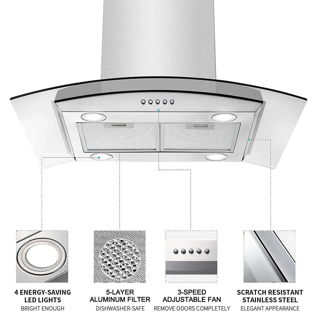30 inch Island Mount Range Hood 900CFM  Tempered Glass 3-Speed Vent Hood Stainless Steel Dishwasher