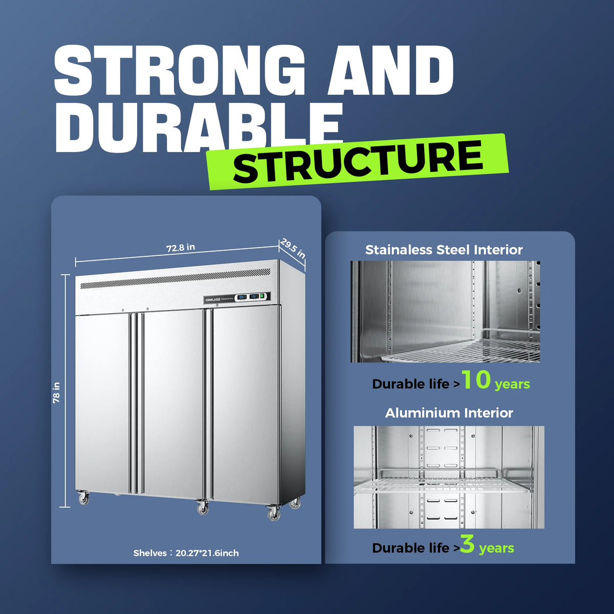 Coolake Commercial Refrigerator And Freezer Combo, 72" W Dual Temperature Zones, 54 Cu.ft 3 Door