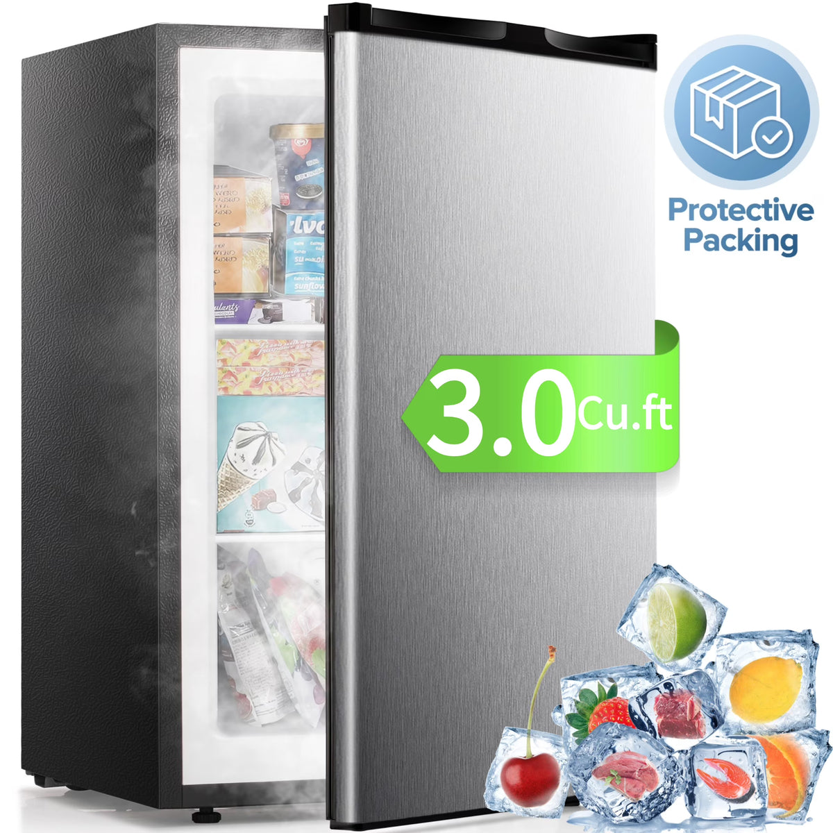 Auseo Upright Freezer, 3 Cu.ft Mini Freezer with Adjustable Thermostat & Reversible Single Door, Stand Up Freezer for Home/Office/Dorms/Apartment-Black