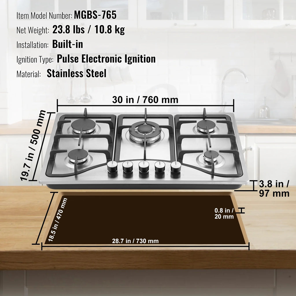 KFFKFF 30-inch Gas Range, Quintuple Burners Integrated Gas Cooktop, Peak 12250BTU NG/LPG Adaptable Stainless Steel Propane Stove, Featuring Thermocouple Safety for Outdoors, Small Living Spaces
