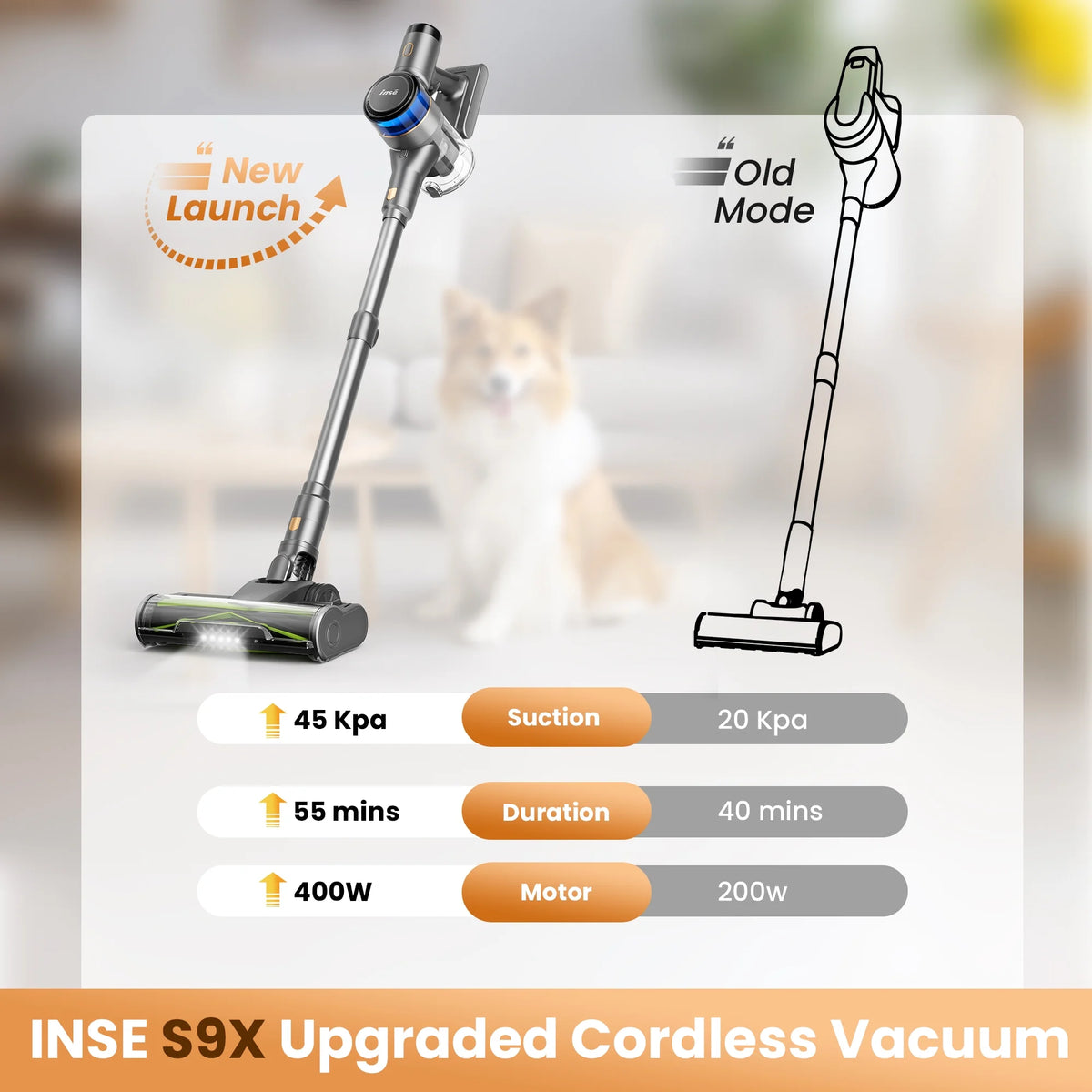 INSE Cordless Stick Vacuum Cleaner for Pet Hair Hard Floors Carpet, New S9X, 55 Mins Runtimes & 45 Kpa Powerful Suction
