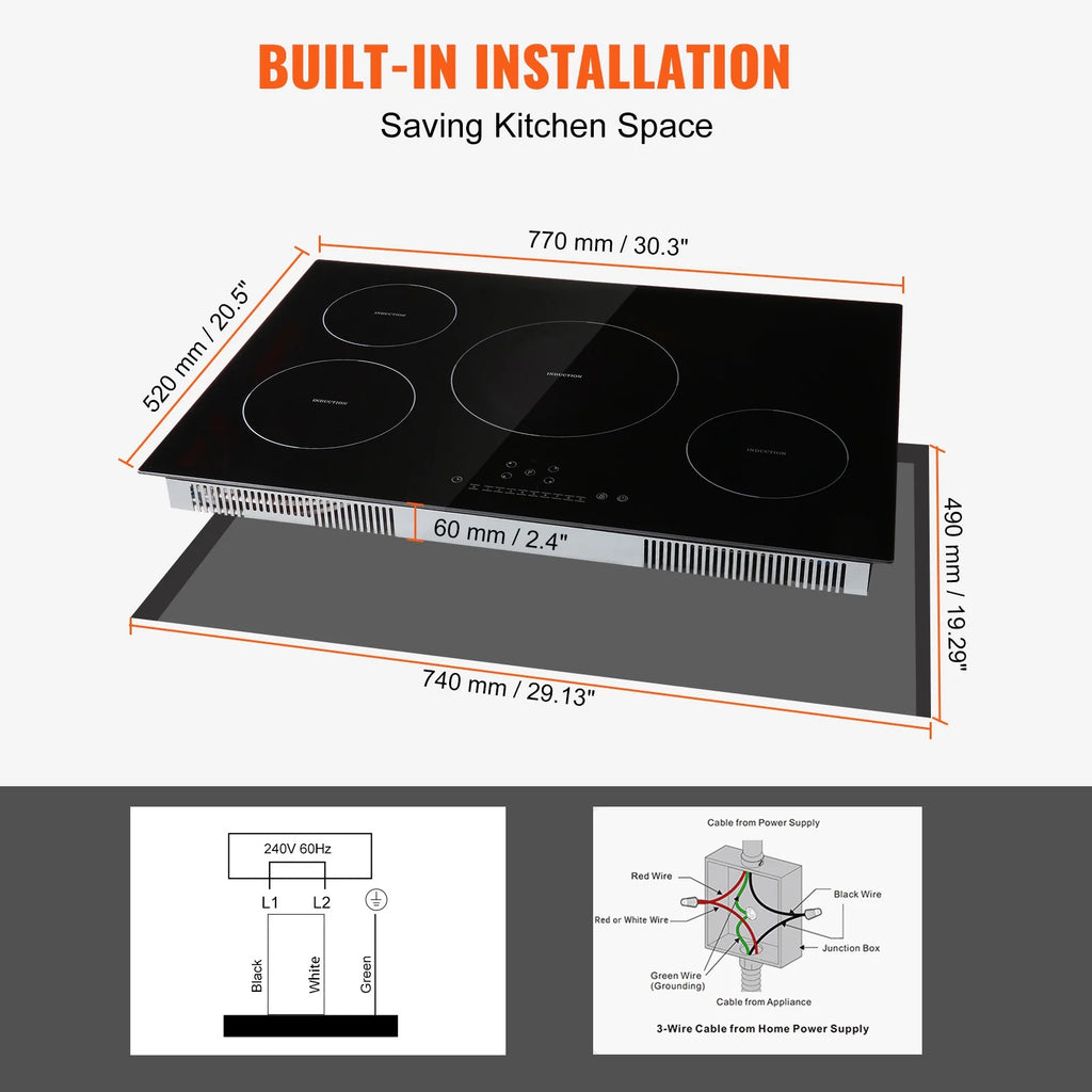 KFFKFF 4 Burner Electric Cooktop, 30'' 7500W 9 Power Settings Induction Cooktop Countertop Burner, with LED Display, Child Safety Lock & Heat Guard