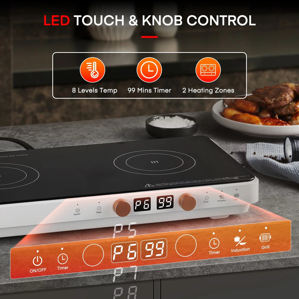 Induction Cooktop 2 Burners, 1800W Countertop Burners with Removable Cast Iron Griddle Pan Non-Stick, 8 Power Levels Control