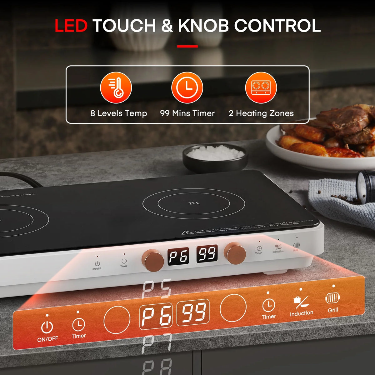 Induction Cooktop 2 Burners, 1800W Countertop Burners with Removable Cast Iron Griddle Pan Non-Stick, 8 Power Levels Control